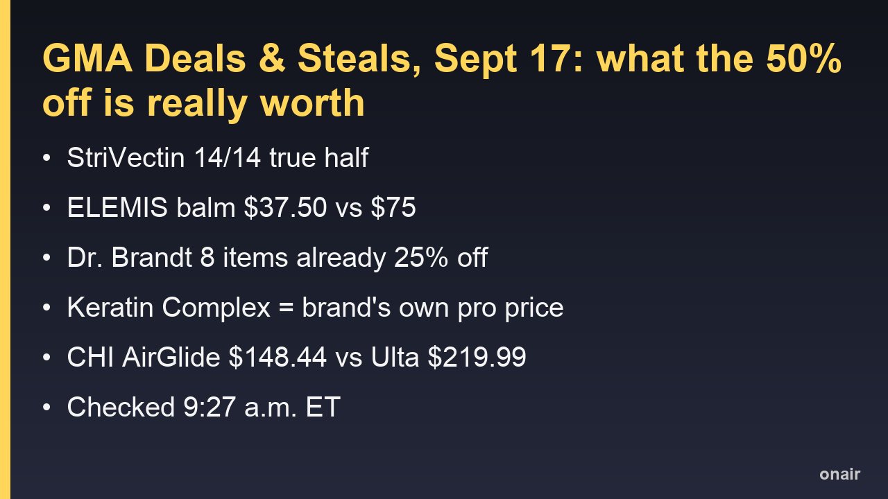 Card summarising the Sept 17 GMA Deals and Steals price checks