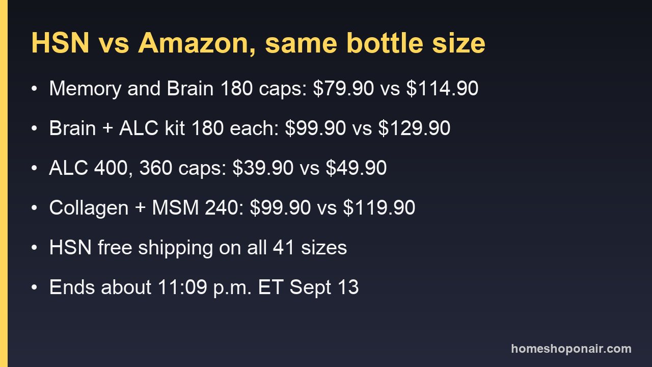 Price card comparing HSN and Amazon for four Andrew Lessman sizes: Memory and Brain 180 capsules $79.90 vs $114.90, ALC kit 180 each $99.90 vs $129.90, ALC 400 360 capsules $39.90 vs $49.90, collagen with MSM 240 servings $99.90 vs $119.90