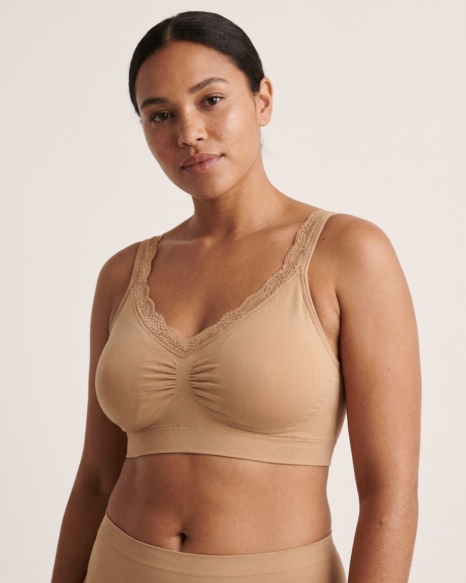 Rhonda Shear Seamless Lace Ahh Bra in beige, the brand's own product photograph