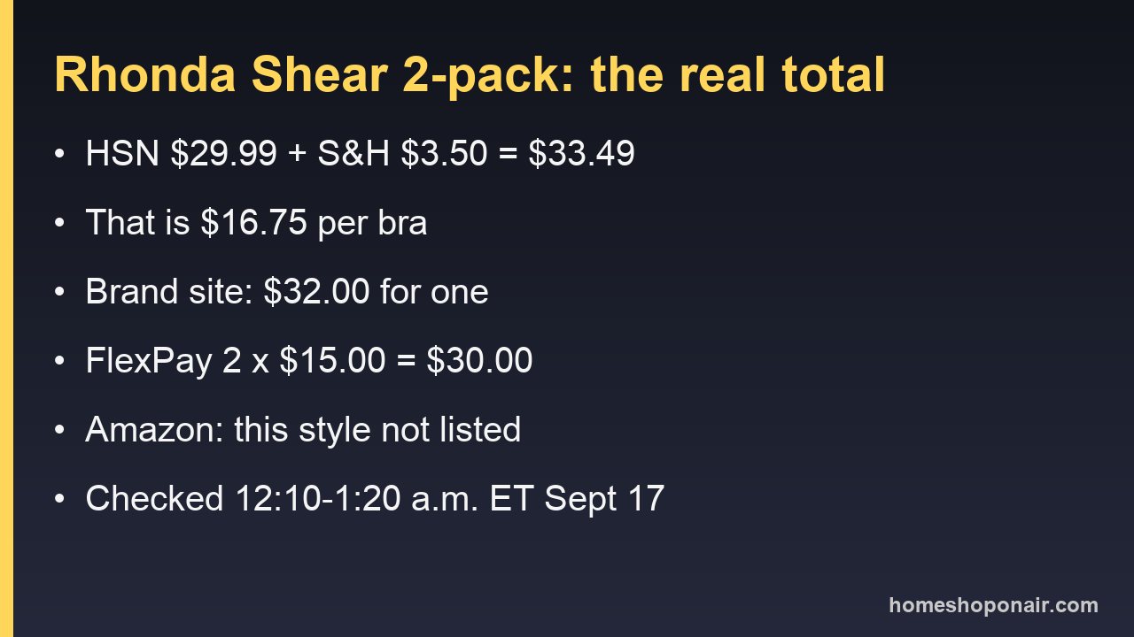 Price card comparing the HSN two-pack total, the per-bra cost and the brand's single-bra price