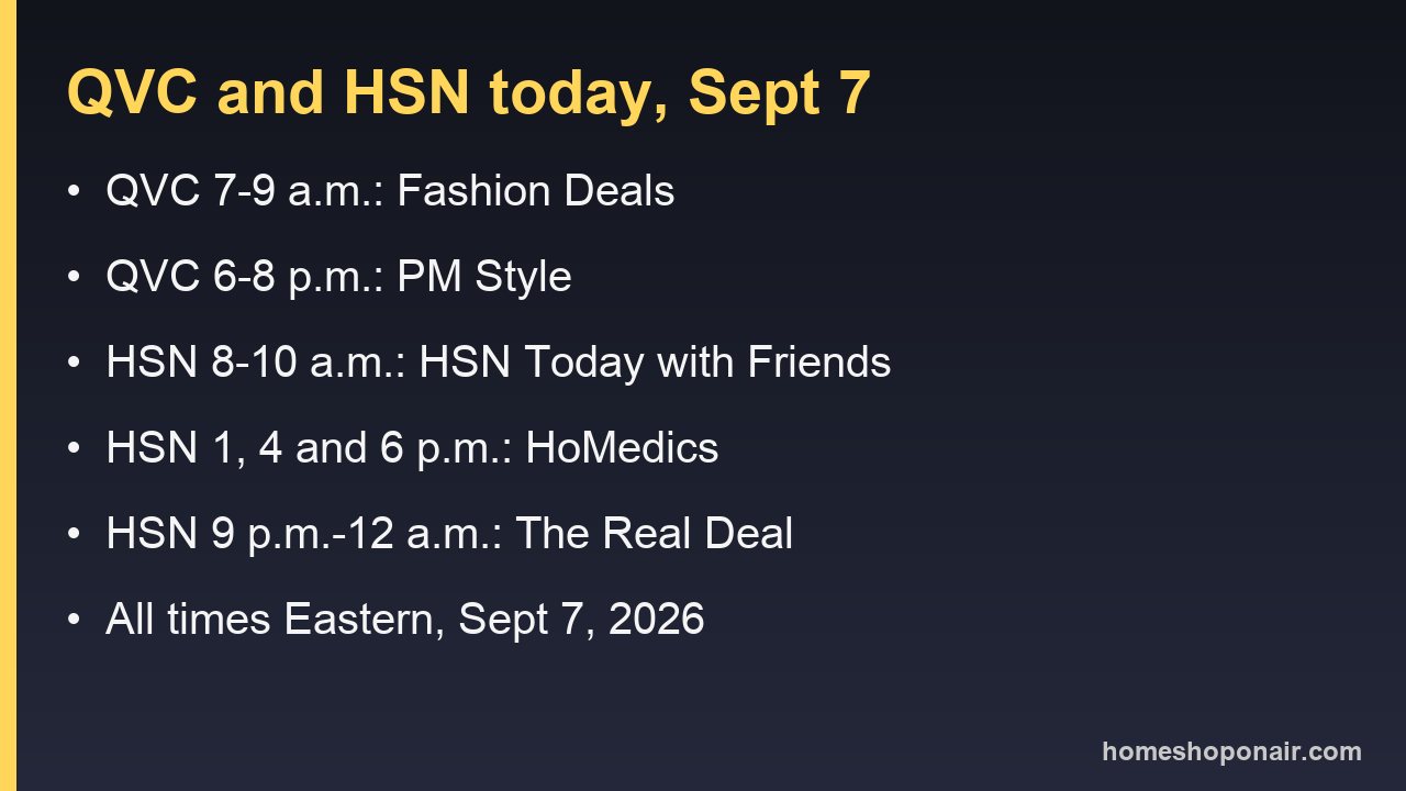 Card summarising key QVC, QVC2 and HSN airtimes for September 7, 2026
