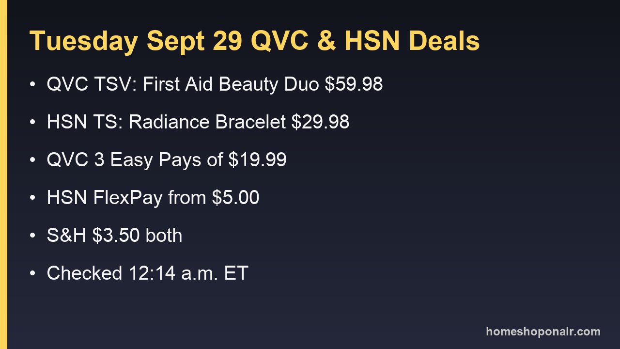 Card summarising Tuesday September 29 QVC and HSN daily deal prices and airtimes