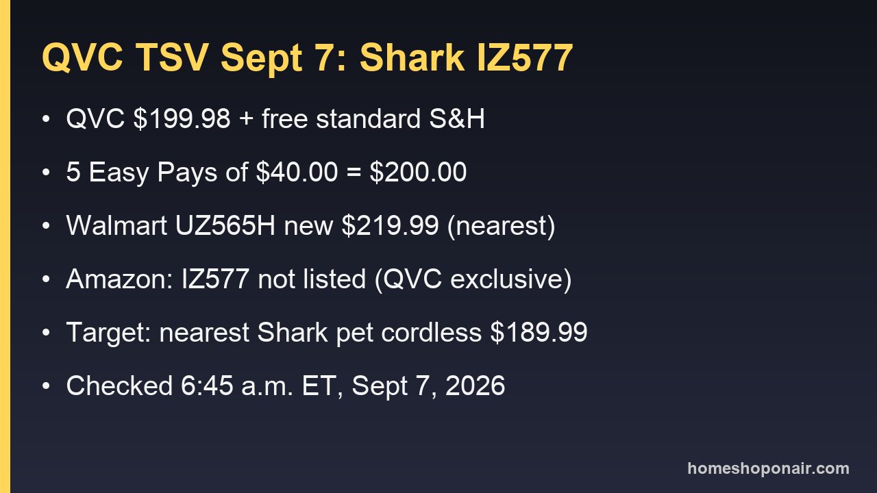 Price comparison card: QVC $199.98 plus free shipping versus Walmart Shark Clean Sense IQ listings