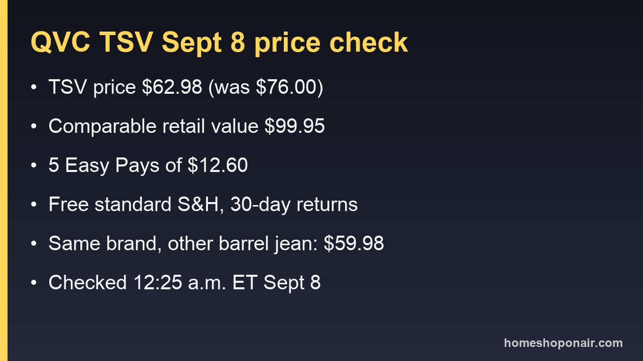 Price card: QVC TSV $62.98, was $76.00, five Easy Pays of $12.60, free shipping