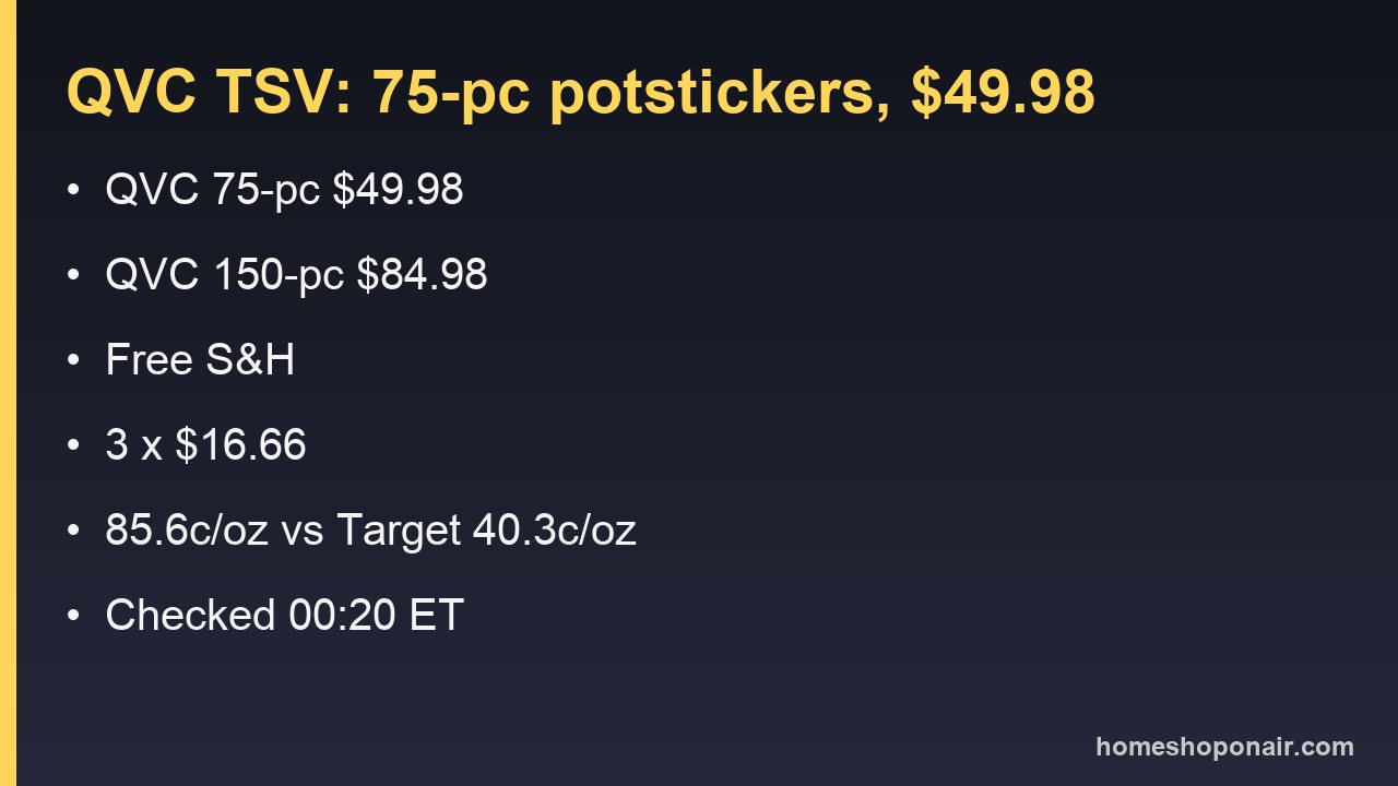 Price card: QVC TSV 75-piece $49.98 and 150-piece $84.98, free shipping, three Easy Pays, 85.6 cents per ounce versus 40.3 cents at Target