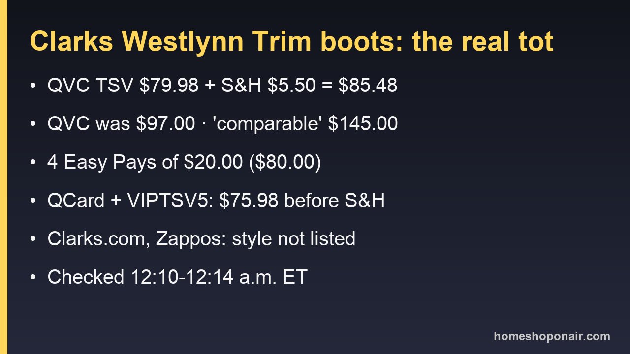Price card for the Clarks Westlynn Trim boot Today's Special Value at QVC with delivered total and Easy Pay math