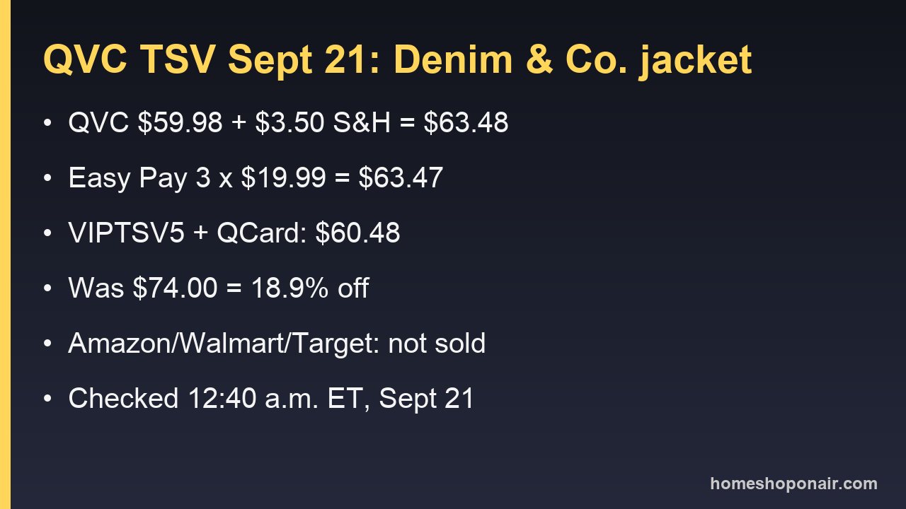 Price card for the September 21 QVC Today's Special Value showing $59.98 plus $3.50 shipping and the Easy Pay total