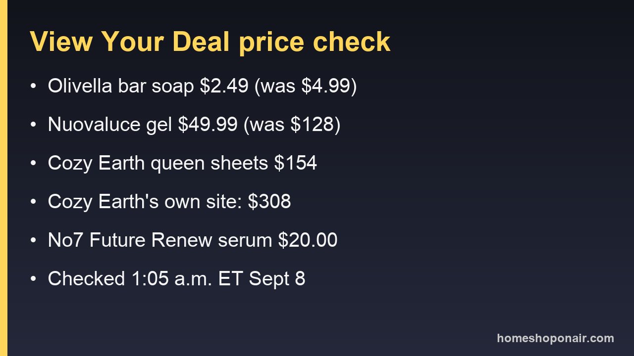 Price card: Olivella soap $2.49, Nuovaluce gel $49.99, Cozy Earth queen sheets $154 versus $308 on the brand site